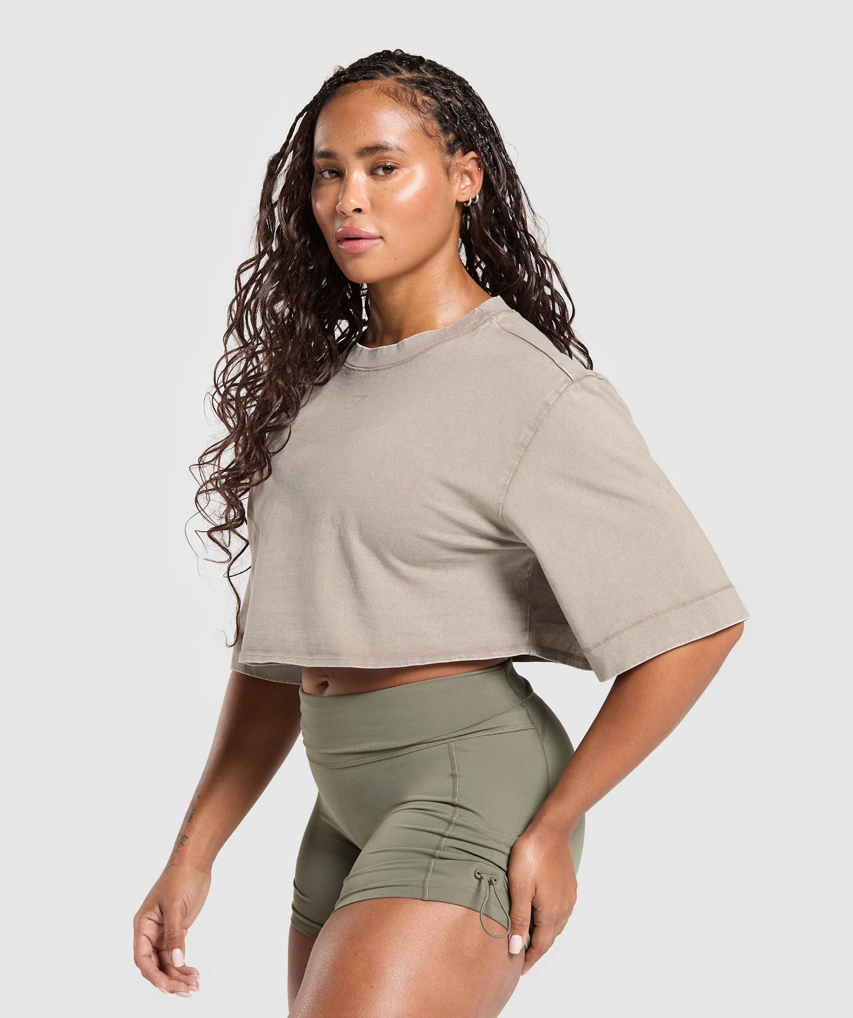 Gymshark GSLC Washed Graphic Crop Top - Linen Brown - Image 3