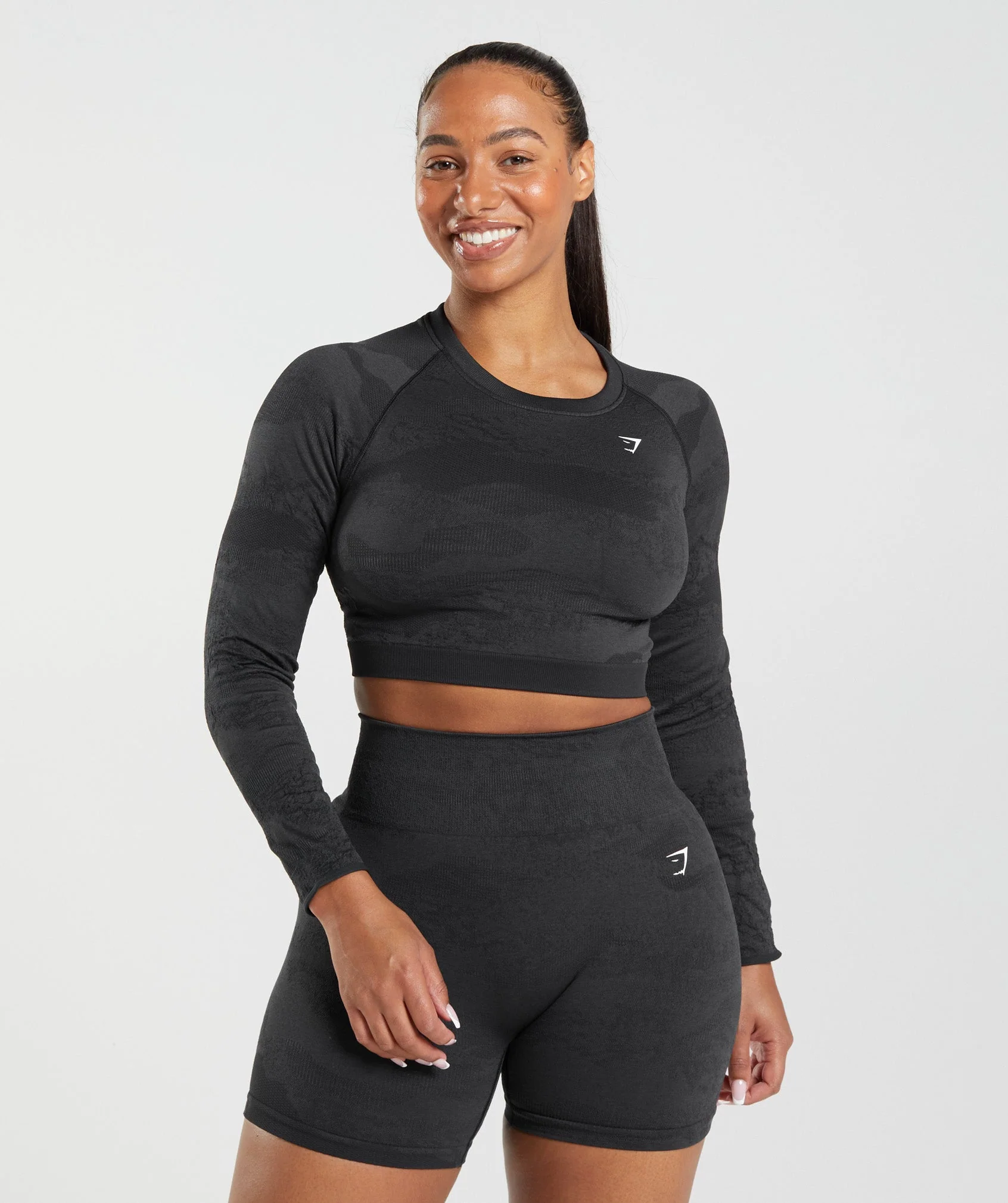 Gymshark Adapt Camo Seamless Lace Up Back Top - Black/Onyx Grey - Image 2