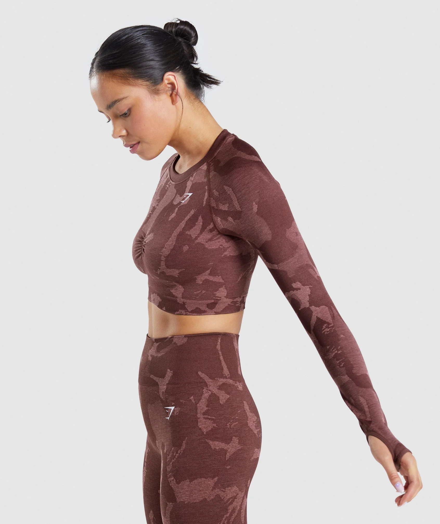 Gymshark Adapt Camo Seamless Long Sleeve Crop Top - Savanna | Cherry Brown - Image 3