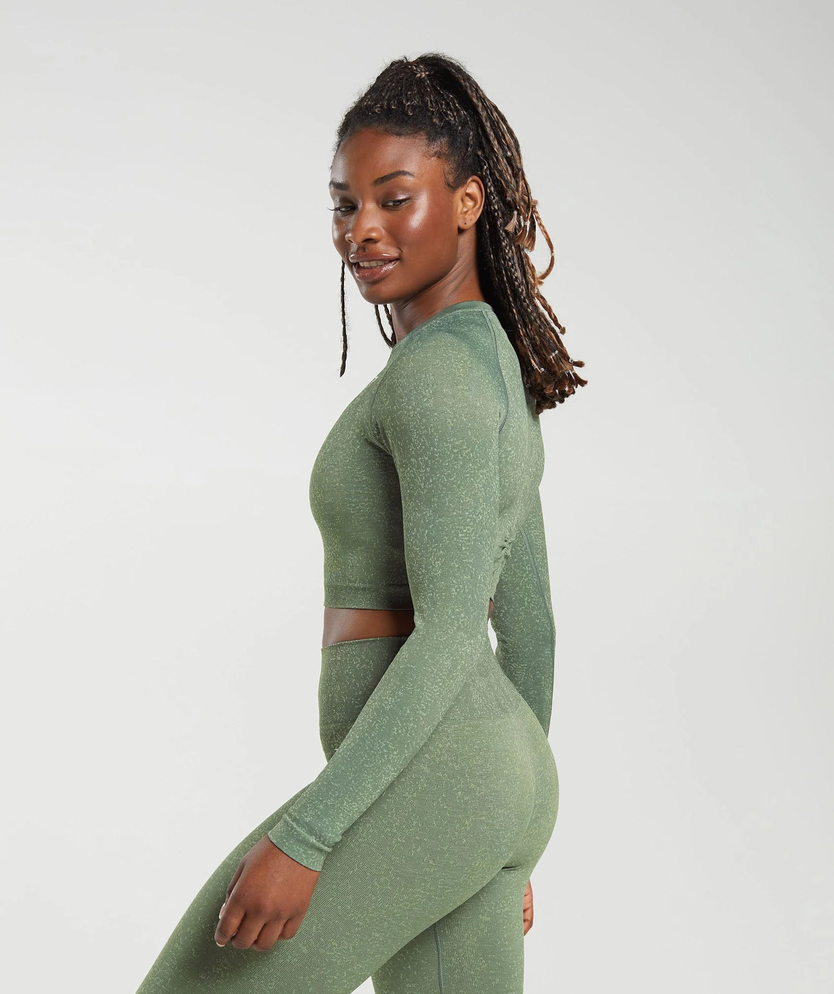 Gymshark Adapt Fleck Seamless Long Sleeve Crop Top - Dusk Green/Light Sage Green - Image 3