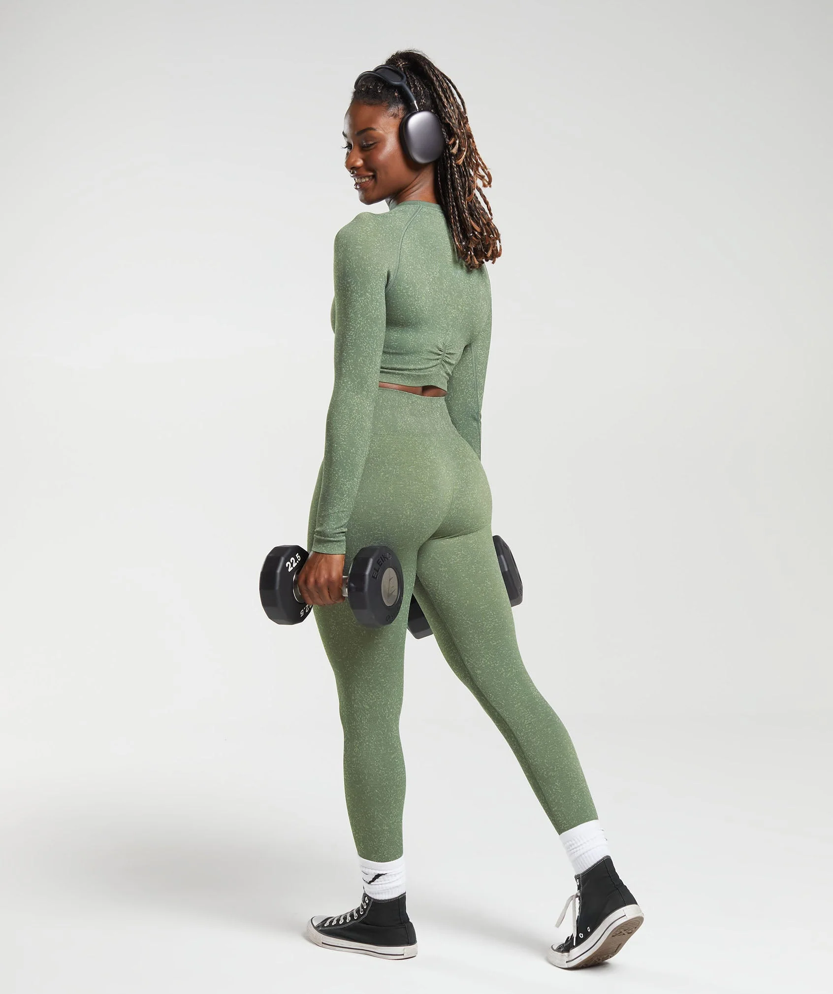 Gymshark Adapt Fleck Seamless Long Sleeve Crop Top - Dusk Green/Light Sage Green - Image 4