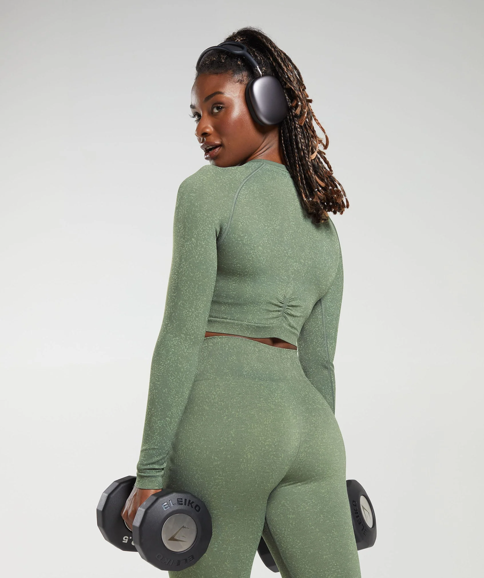 Gymshark Adapt Fleck Seamless Long Sleeve Crop Top - Dusk Green/Light Sage Green - Image 7