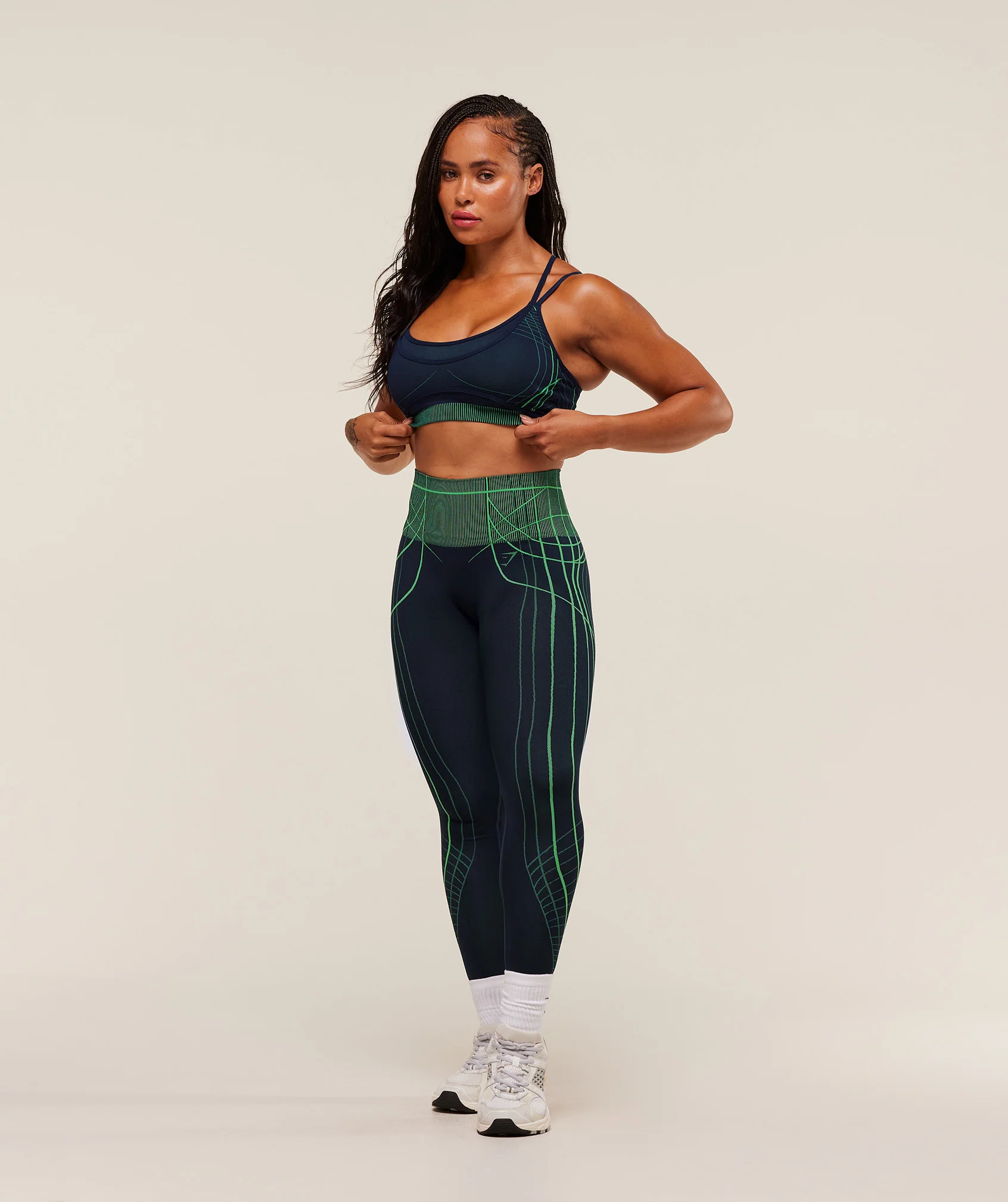 Gymshark Apex Seamless Strappy Sports Bra - Heavy Blue/Active Green - Image 3