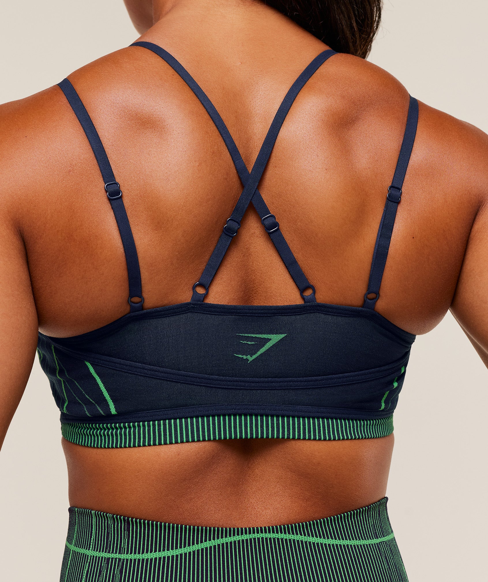 Gymshark Apex Seamless Strappy Sports Bra - Heavy Blue/Active Green - Image 5