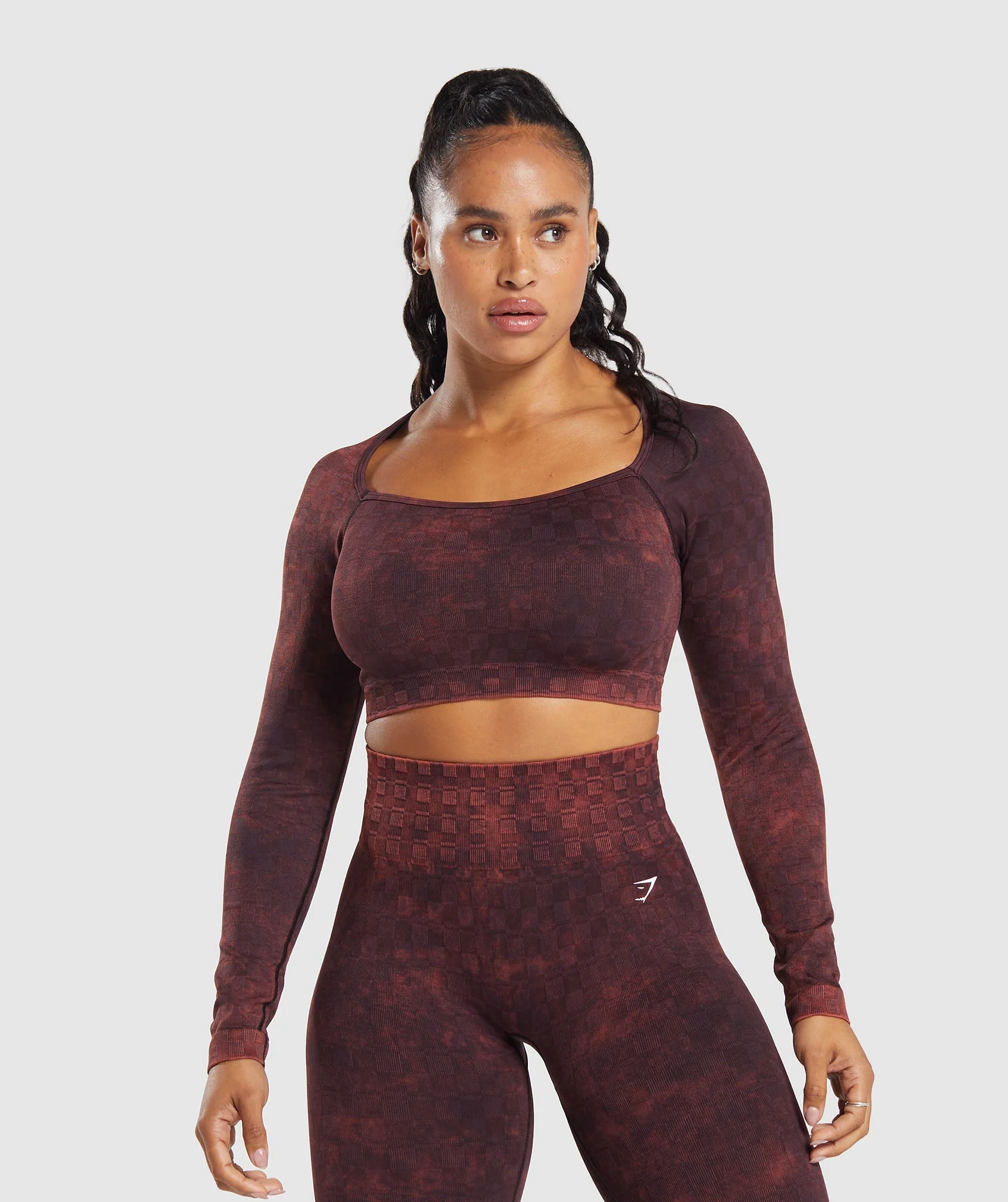 Gymshark Check Seamless Washed Long Sleeve Top - Plum Brown - Image 2