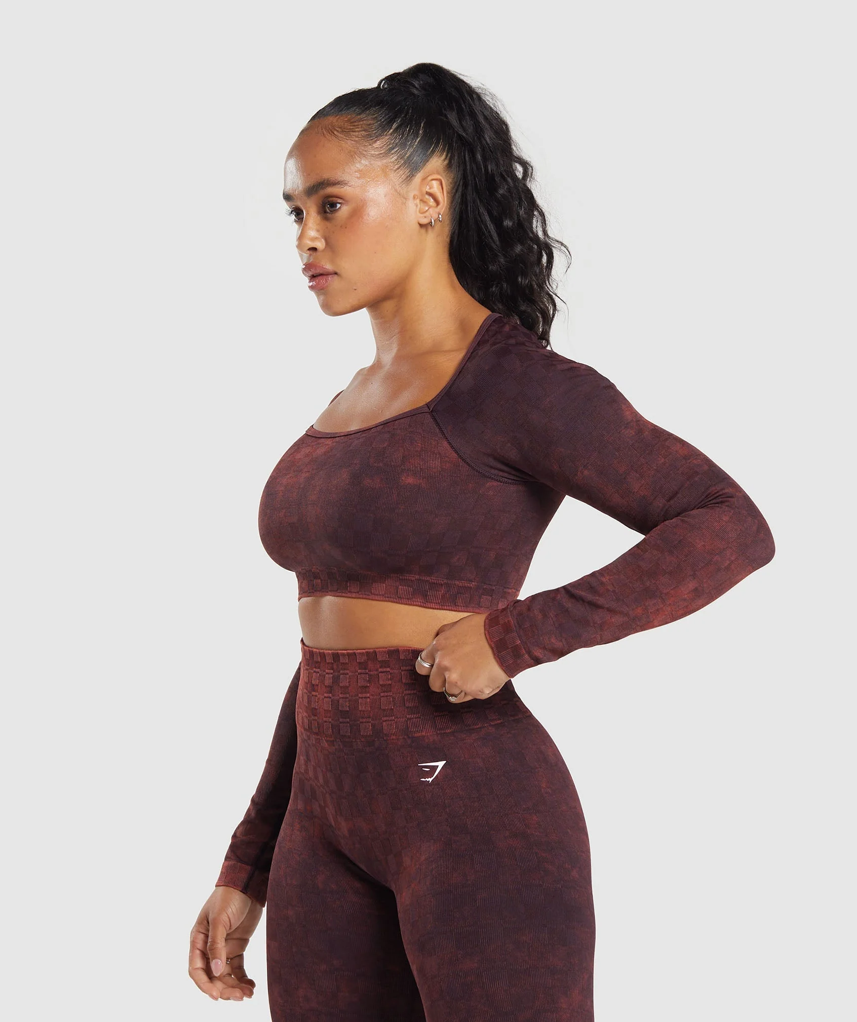 Gymshark Check Seamless Washed Long Sleeve Top - Plum Brown - Image 3