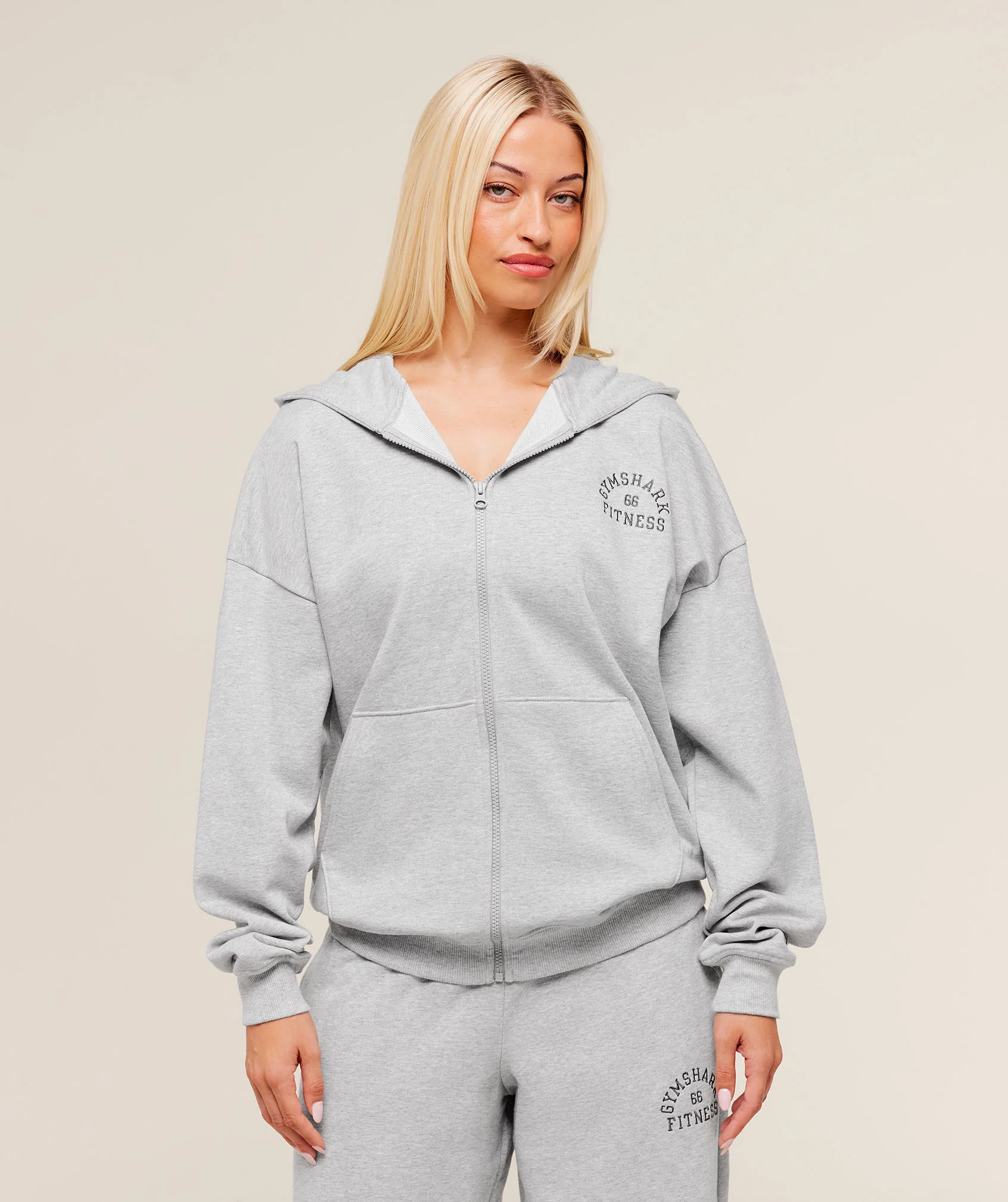 Gymshark Fitness Embroidered Graphic Zip Up Hoodie - Light Grey Core Marl