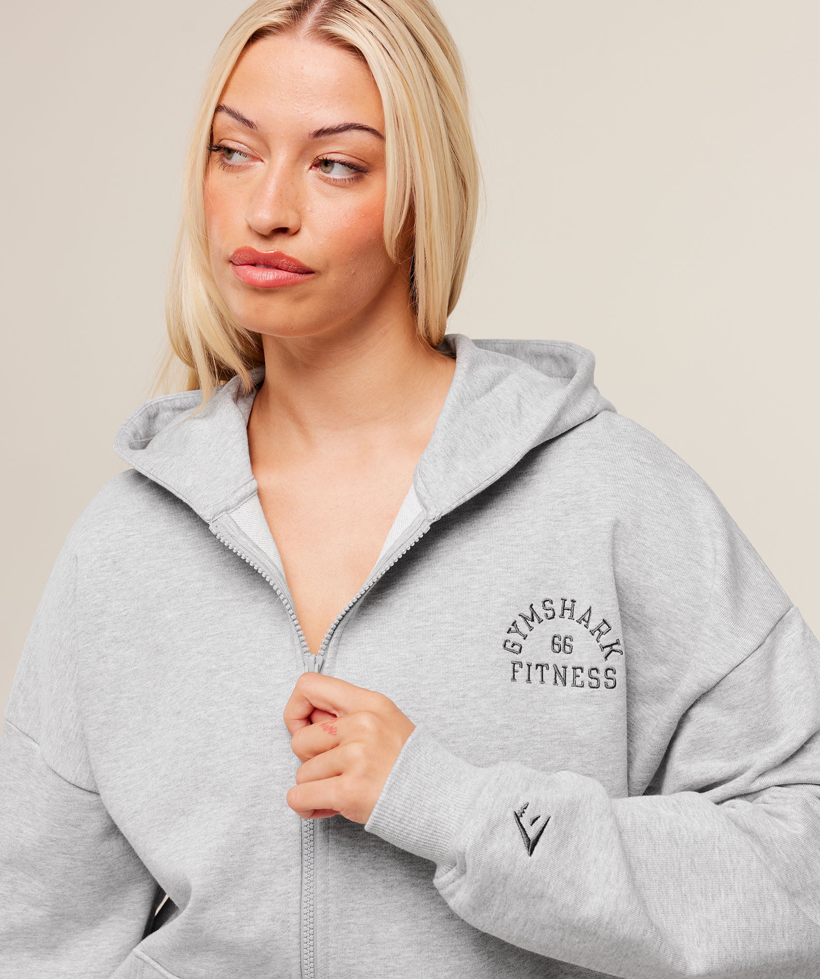 Gymshark Fitness Embroidered Graphic Zip Up Hoodie - Light Grey Core Marl - Image 4