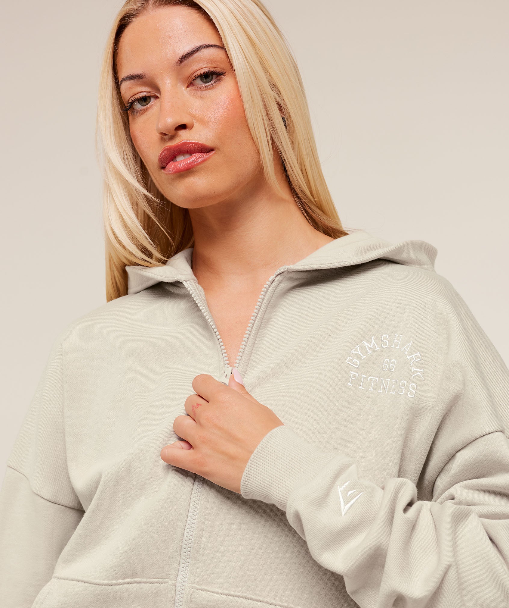 Gymshark Fitness Embroidered Graphic Zip Up Hoodie - Pebble Grey - Image 4
