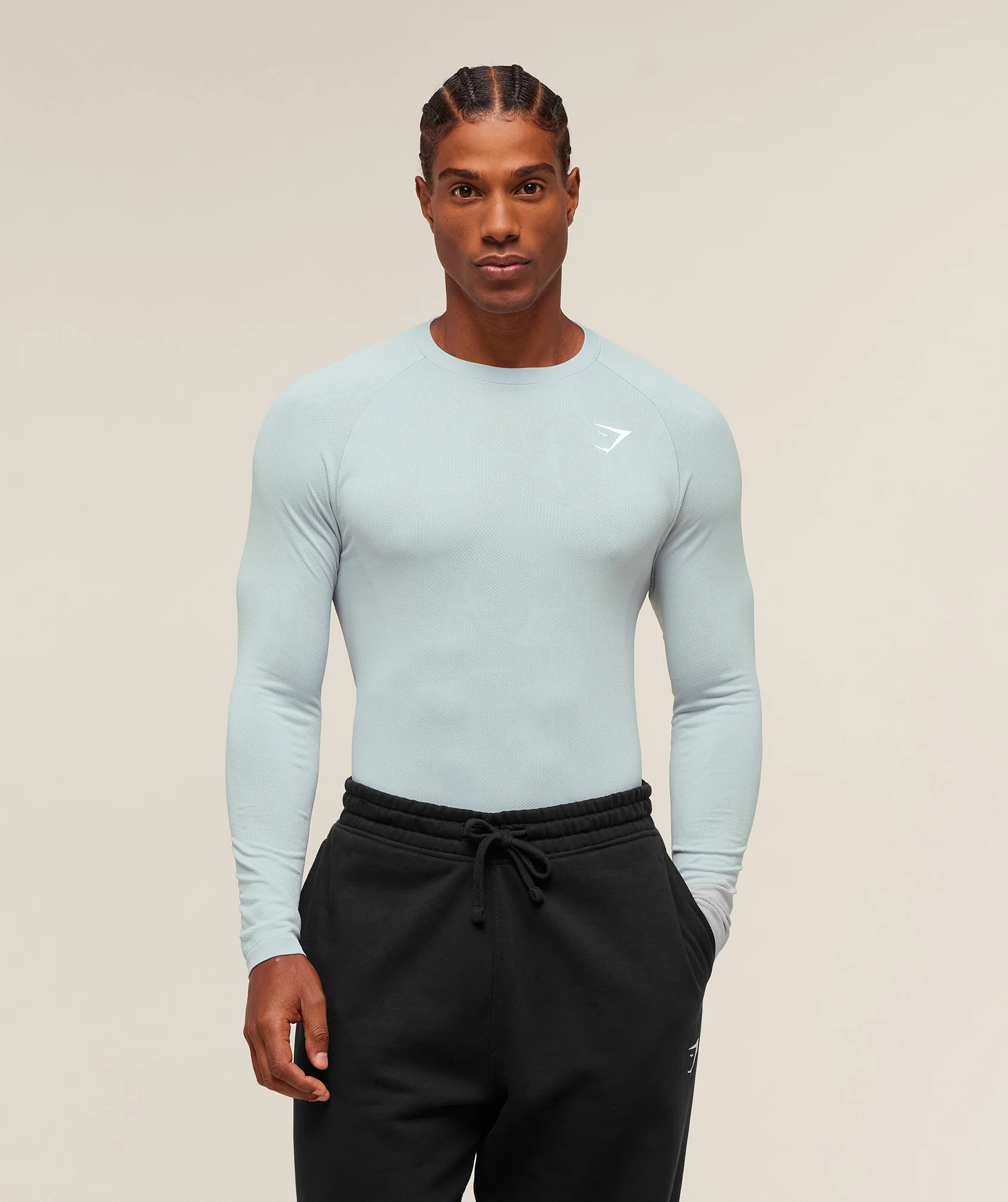 Gymshark Geo Seamless Long Sleeve T-Shirt - Smoke Blue/Soft White