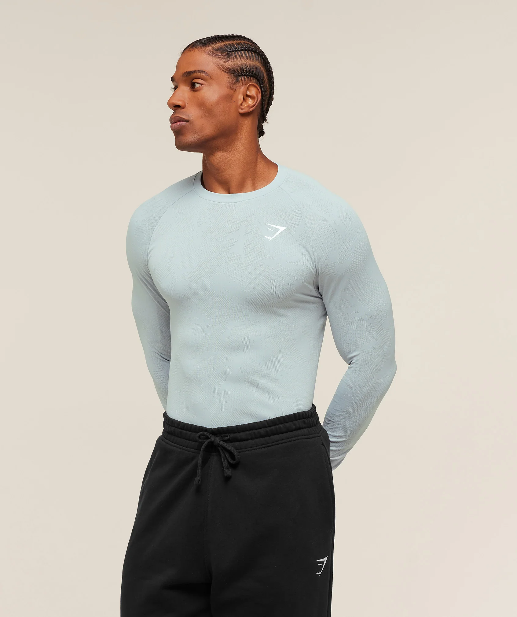 Gymshark Geo Seamless Long Sleeve T-Shirt - Smoke Blue/Soft White - Image 3