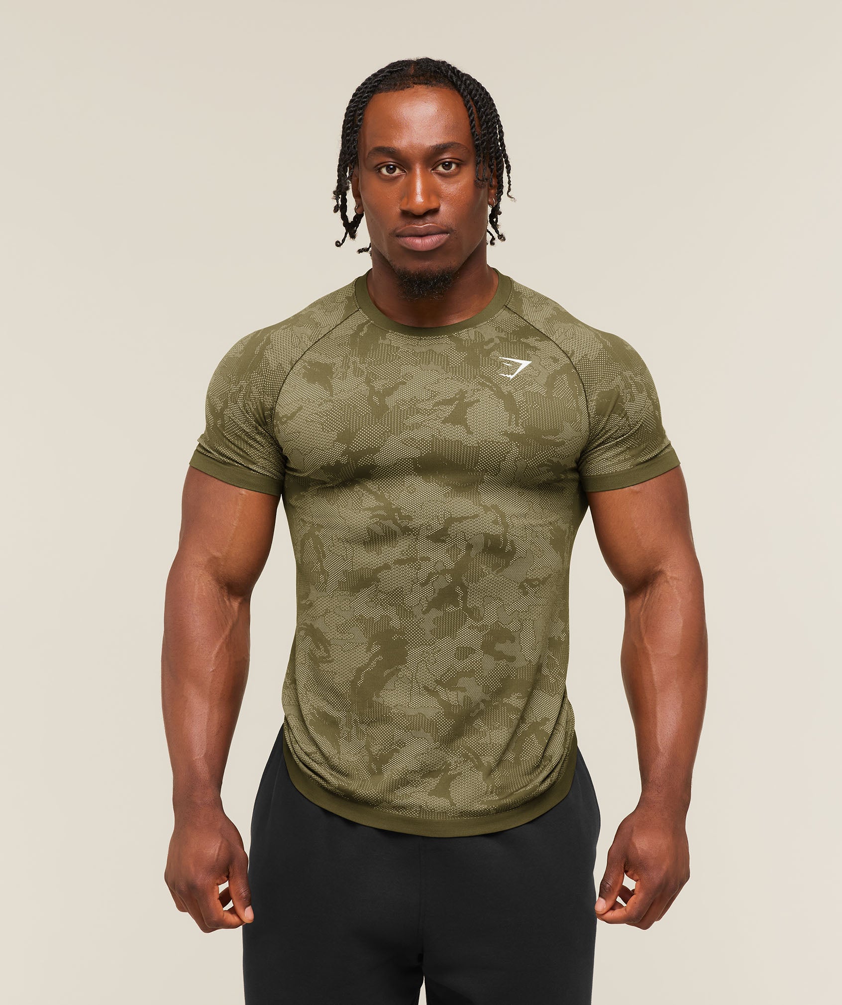 Gymshark Geo Seamless T-Shirt - Canvas Green/Chalk Beige