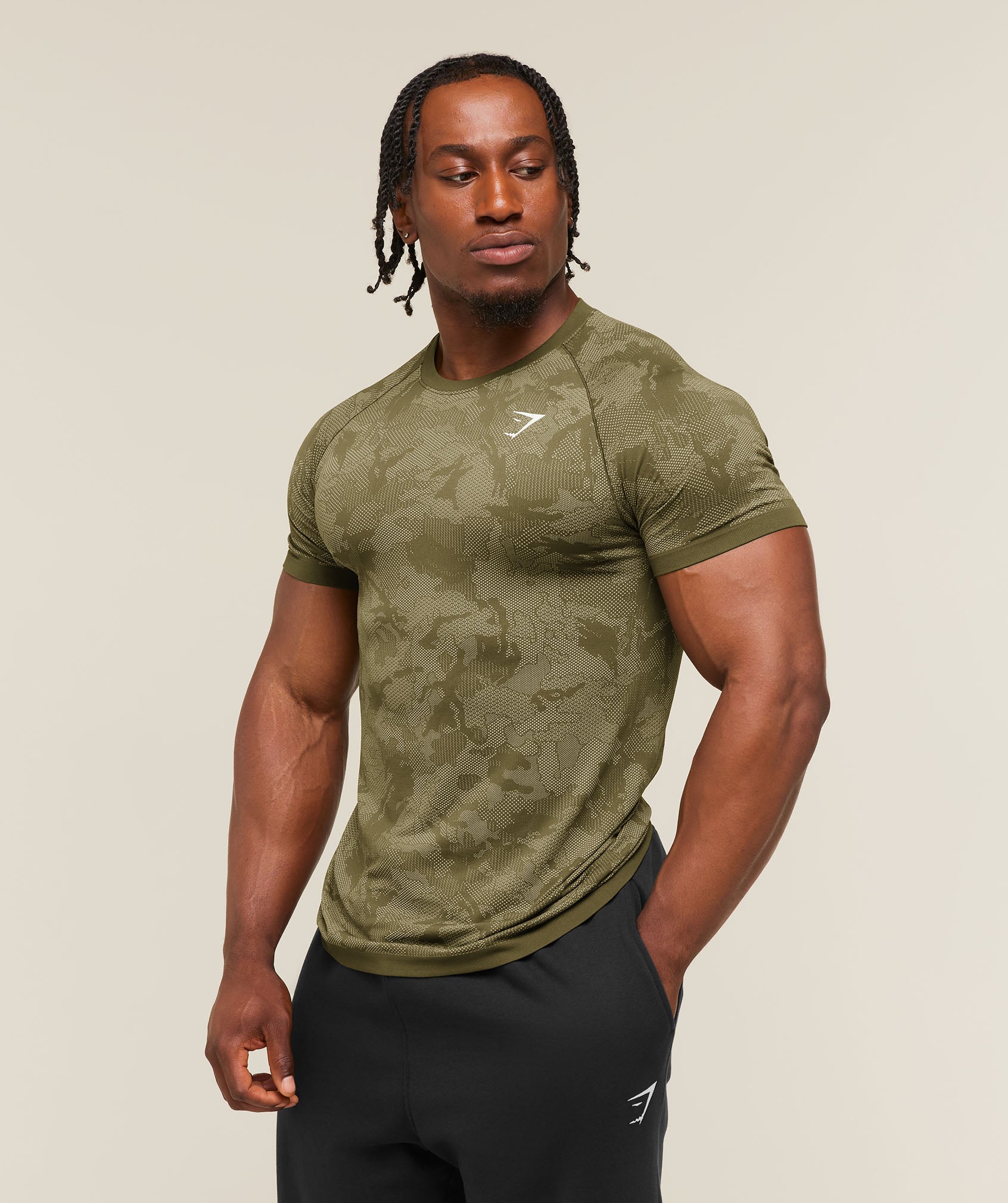 Gymshark Geo Seamless T-Shirt - Canvas Green/Chalk Beige - Image 3