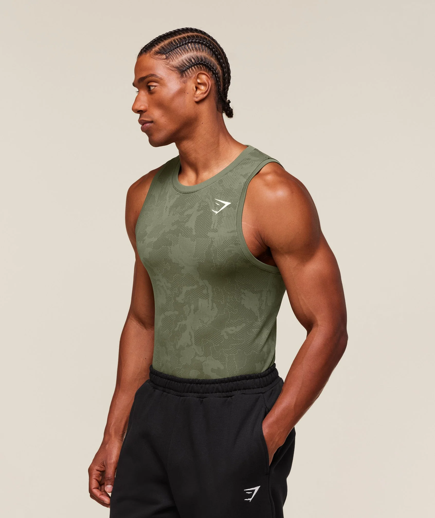 Gymshark Geo Seamless Tank - Core Olive/Deep Olive Green - Image 2