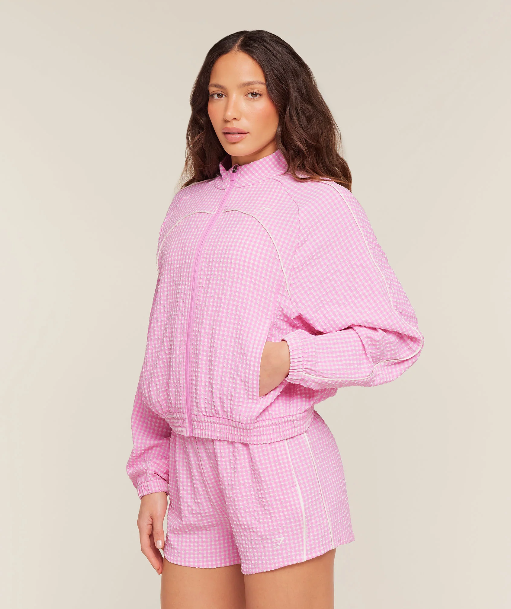 Gymshark Gingham Track Jacket - Focus Pink/Soft White - Image 3