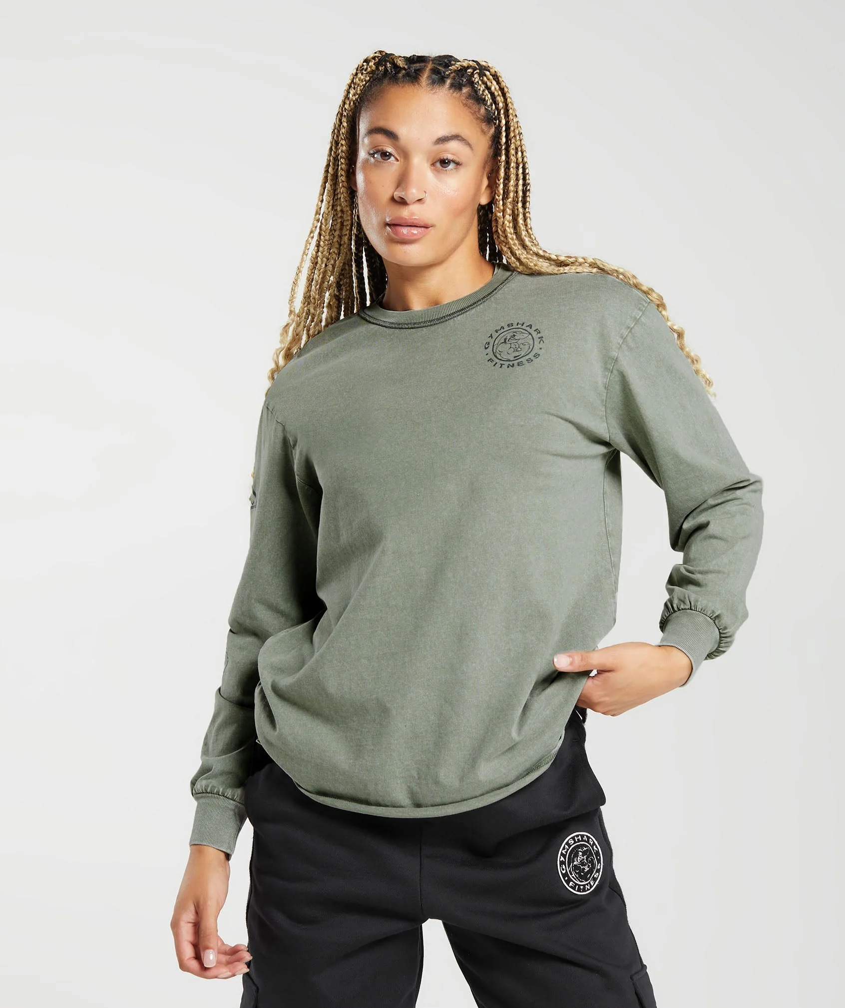 Gymshark Legacy Washed Long Sleeve Top - Dusk Green/Acid Wash - Image 3