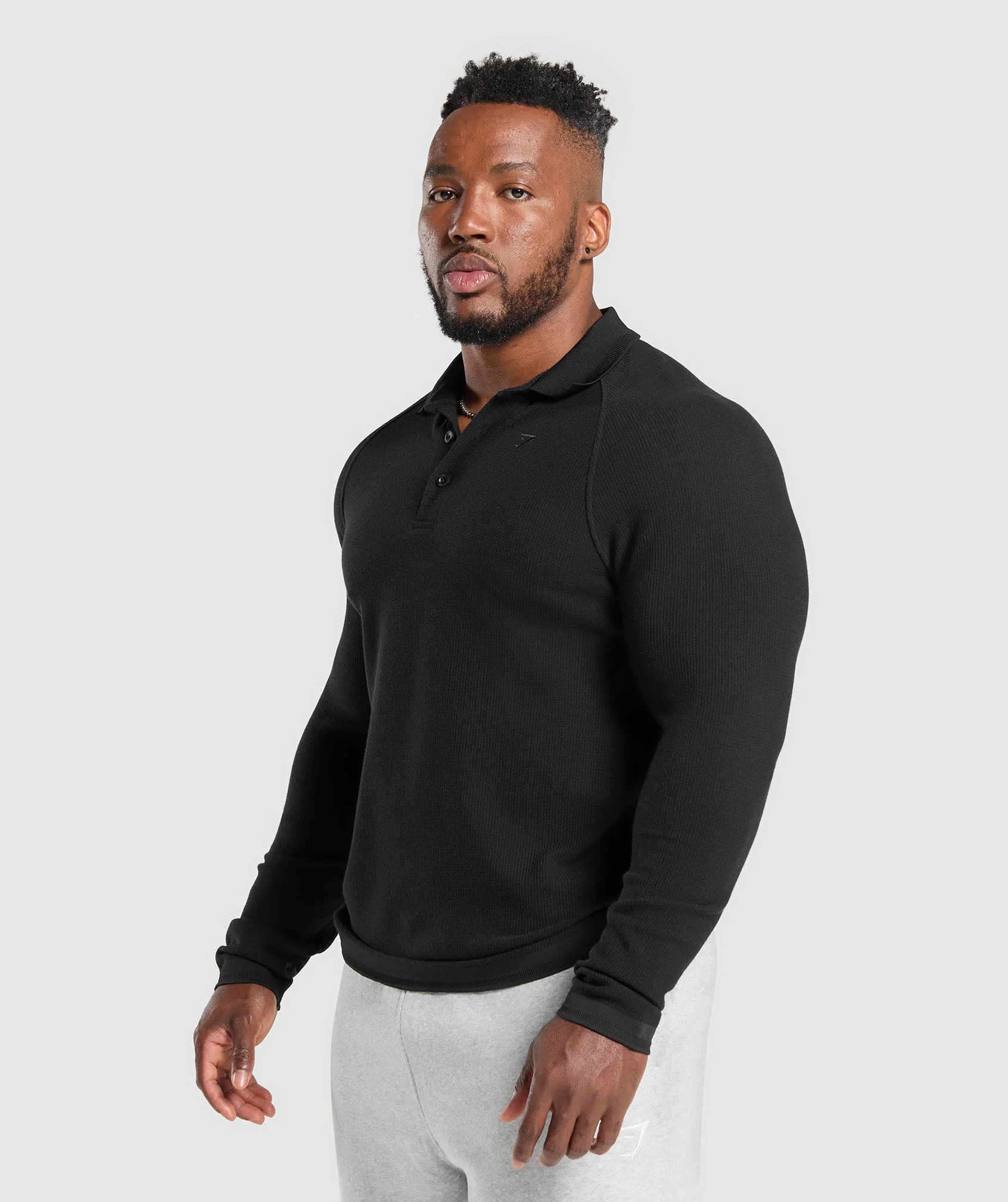 Gymshark Long Sleeve Waffle Polo Shirt - Black - Image 3