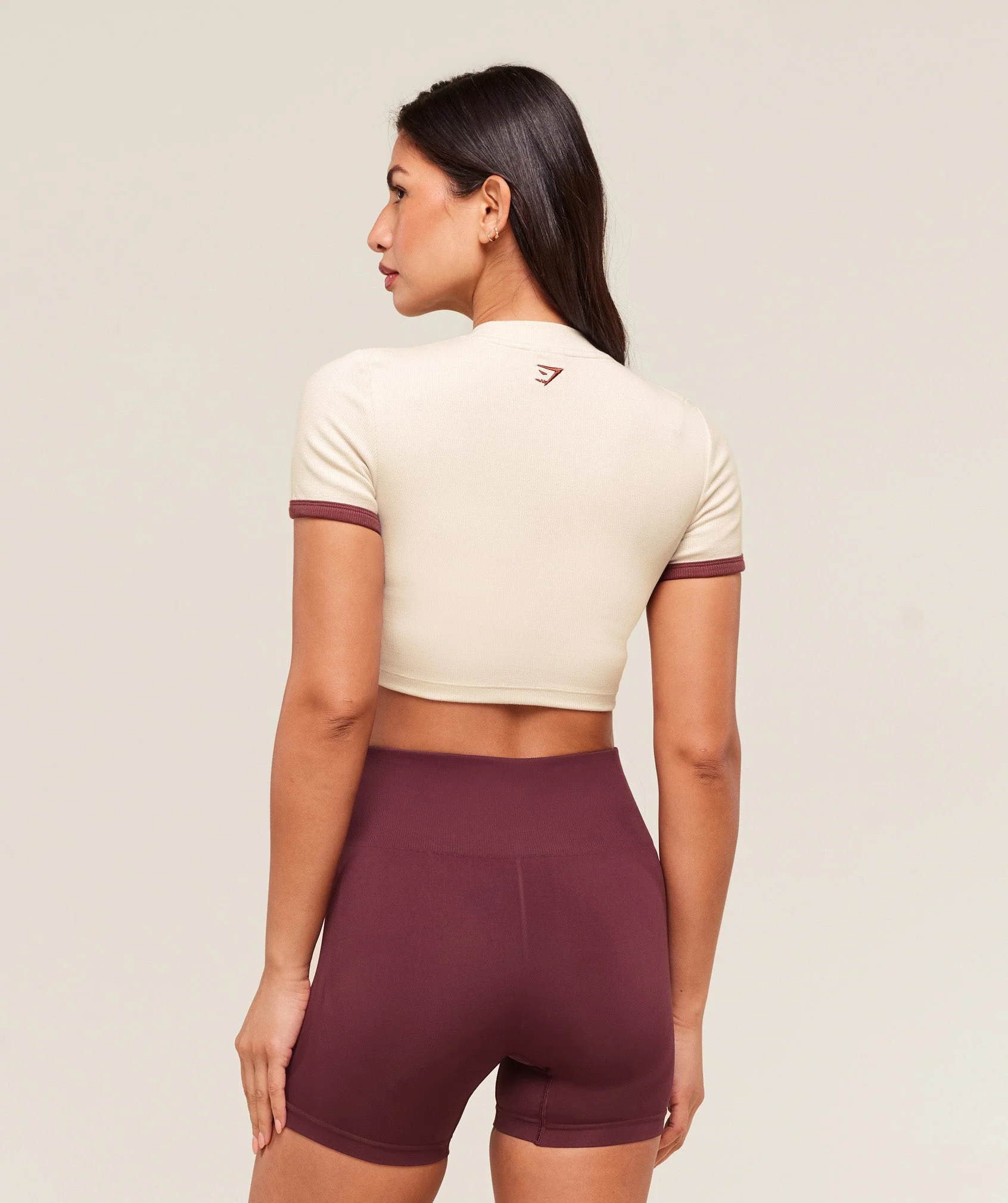 Gymshark Ribbed Cotton Crop Top - Oat White/Burgundy Brown - Image 2