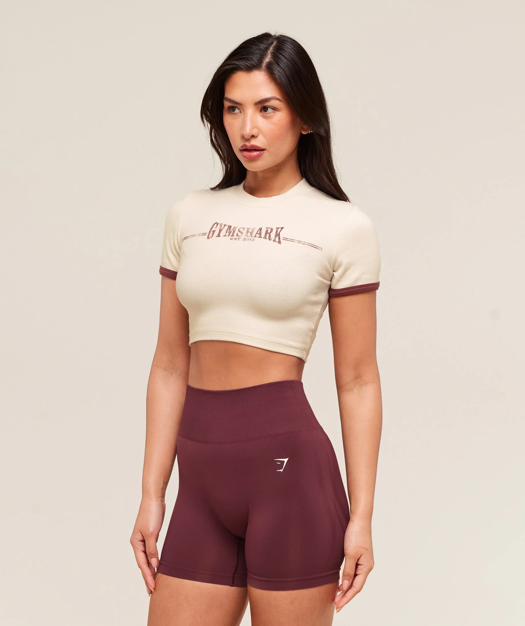 Gymshark Ribbed Cotton Crop Top - Oat White/Burgundy Brown - Image 3
