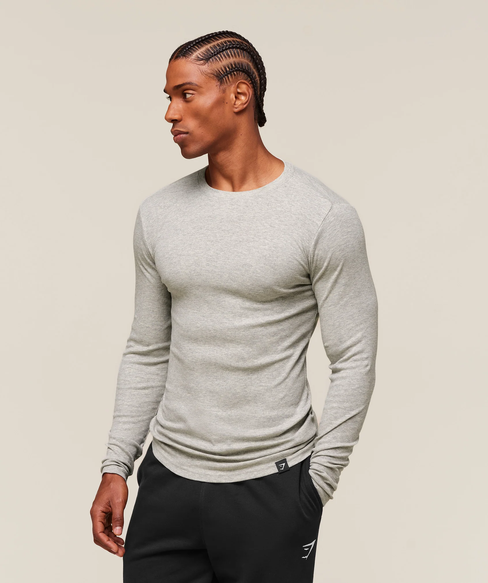 Gymshark Ribbed Long Sleeve T-Shirt - Stone Grey Marl - Image 3