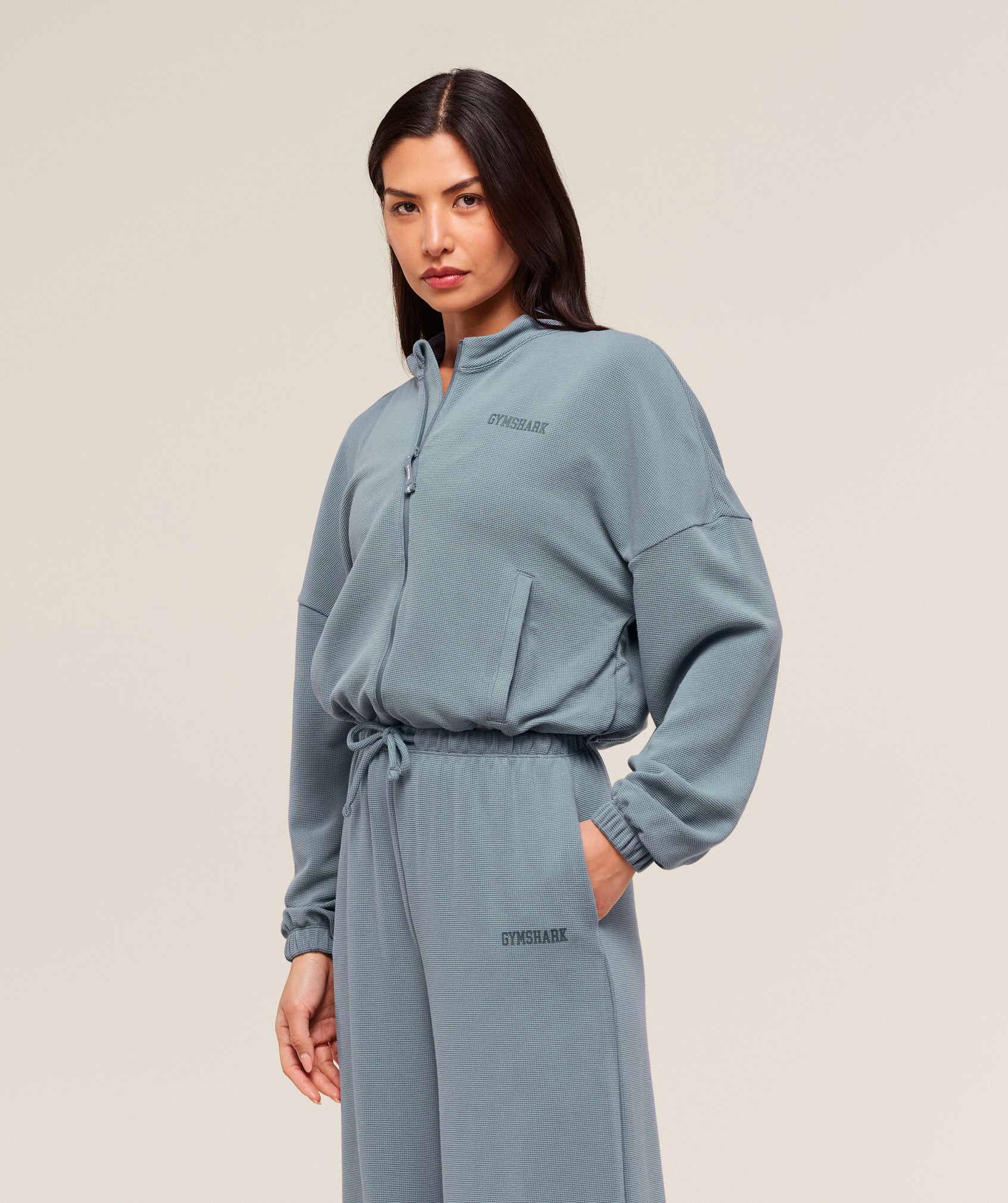 Gymshark Waffle Midi Zip Up Jacket - Iron Blue - Image 2