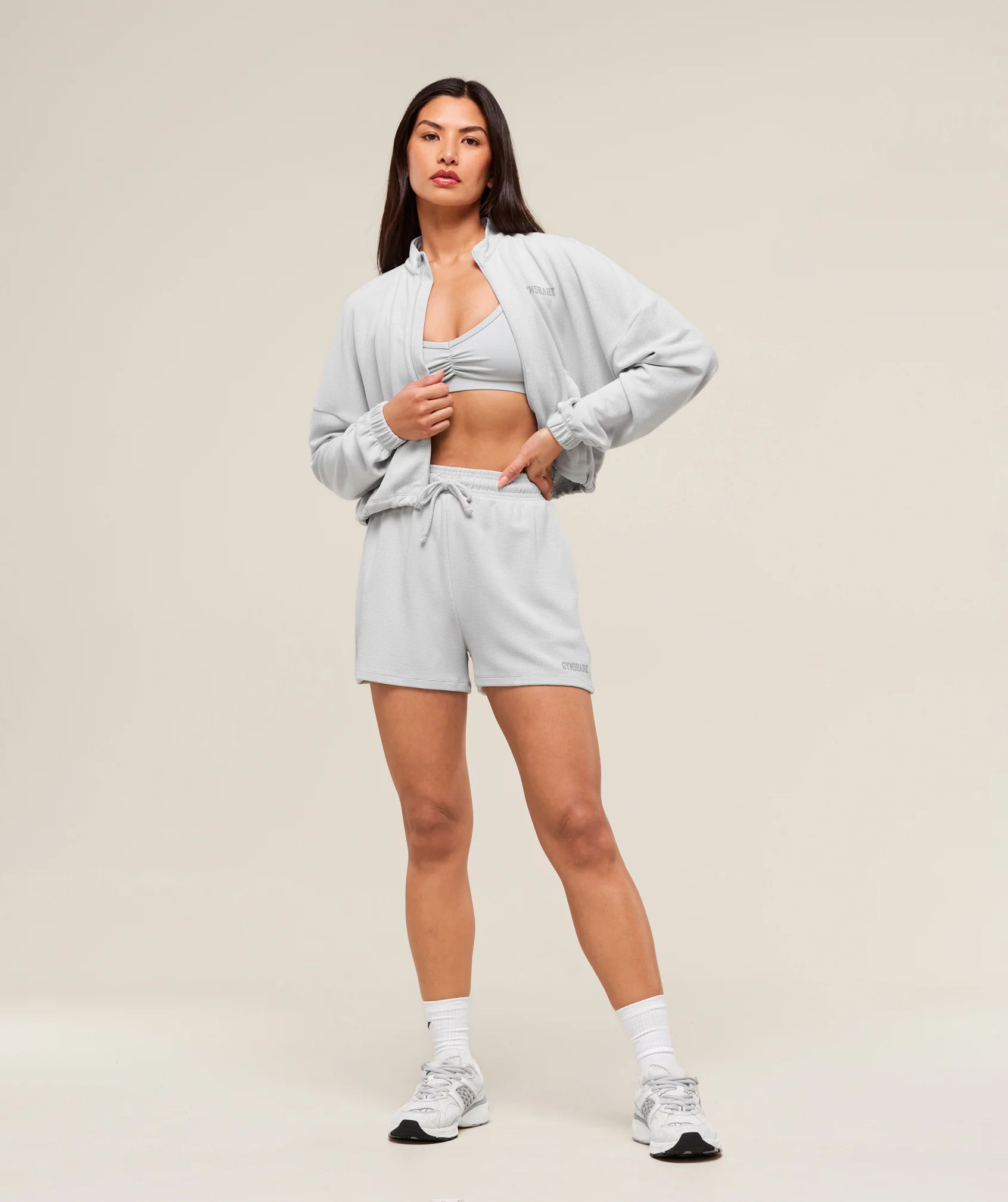 Gymshark Waffle Midi Zip Up Jacket - Light Grey - Image 3