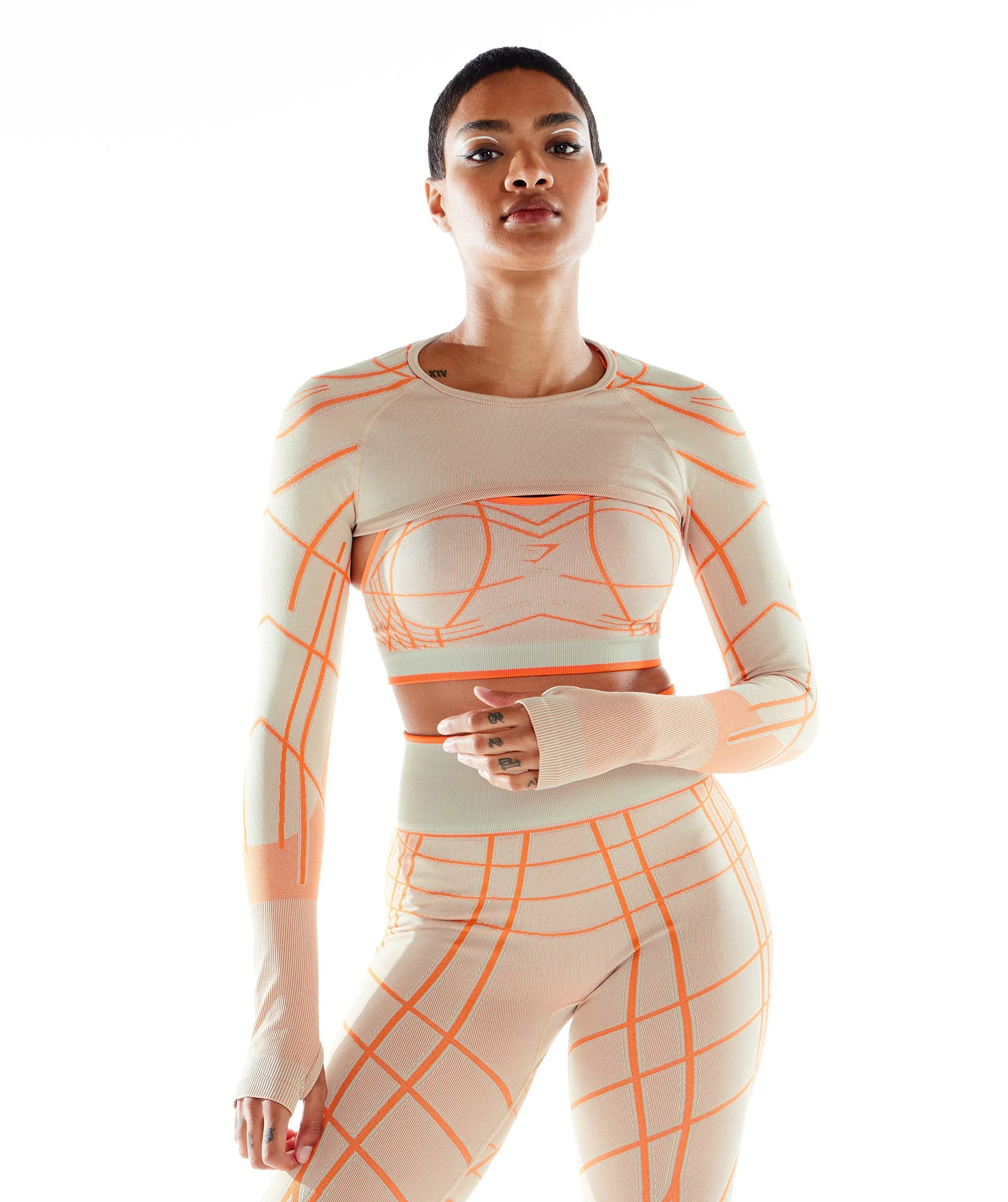 Gymshark Wtflex Linear Seamless Long Sleeve Shrug - Pebble Grey/Orange/Coconut White
